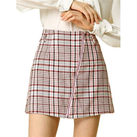 unique bargains women s plaids high waist a line mini skirt with belt