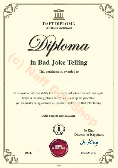 certificate in bad joke telling jokes lame jokes funny jokes