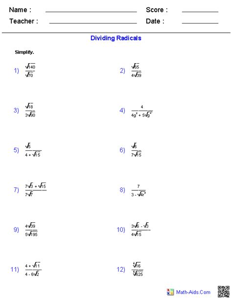 printables simplifying radicals worksheet algebra  agariohi