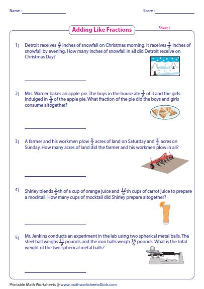 adding  subtracting fractions word problems worksheets  grade