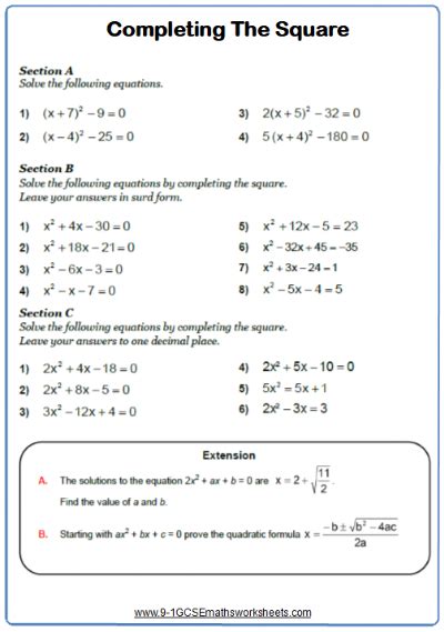 completing  square maths worksheet completing  square math
