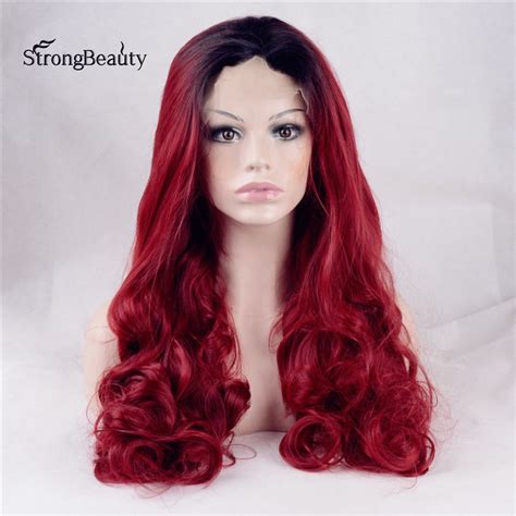 Strongbeauty Long Curly Red Wig Synthetic Ombre Black To Wine Red Heat