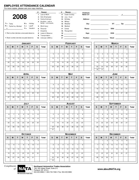 printable employee attendance calendar  calendar template printable