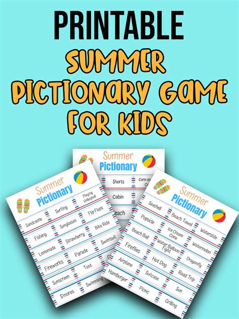 summer pictionary words  kids  printable game