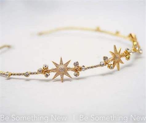 gold wedding headpiece with golden stars and rhinestones celestial