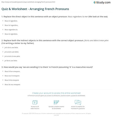quiz worksheet arranging french pronouns studycom