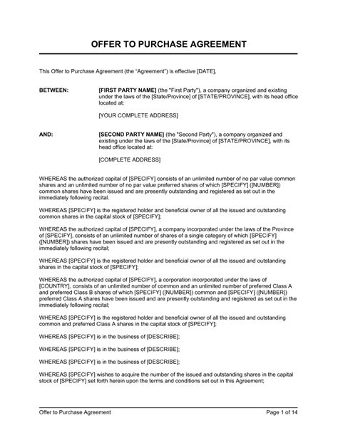 offer  purchase shares agreement template  business   box