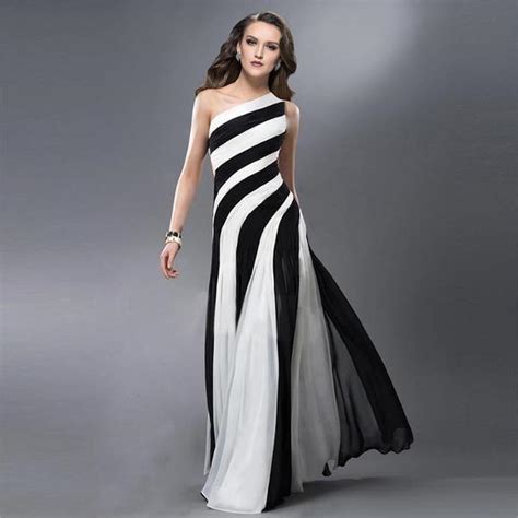 2016 Black And White Striped Prom Dress Sexy One Shoulder