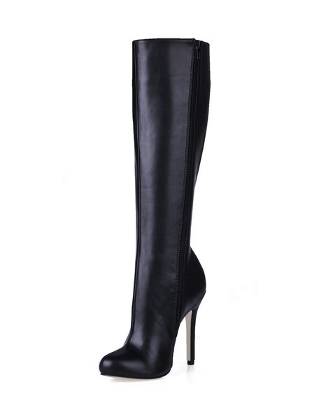 black stiletto heel knee length pu womens boots   boots winter leather boots