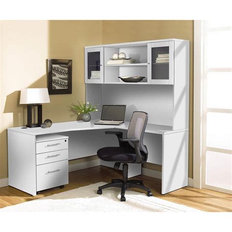 modern white  shaped desk  hutch mobile pedestal officedeskcom