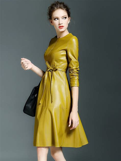 yellow pu tied long sleeve skater dress choiescom leather dresses long sleeve skater dress