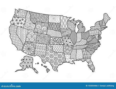 floral usa map  design element  adult coloring book page vector