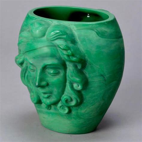 Art Deco Czech Bohemian Malachite Glass Vase With Faces