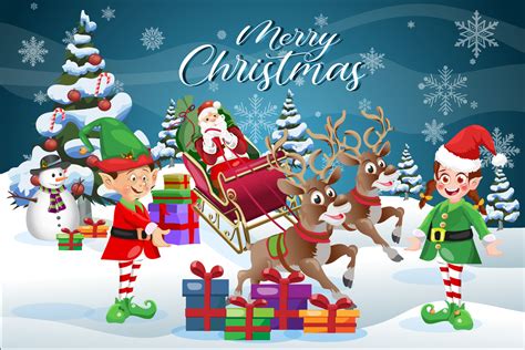merry christmas scene greeting card cartoon santa claus  elves