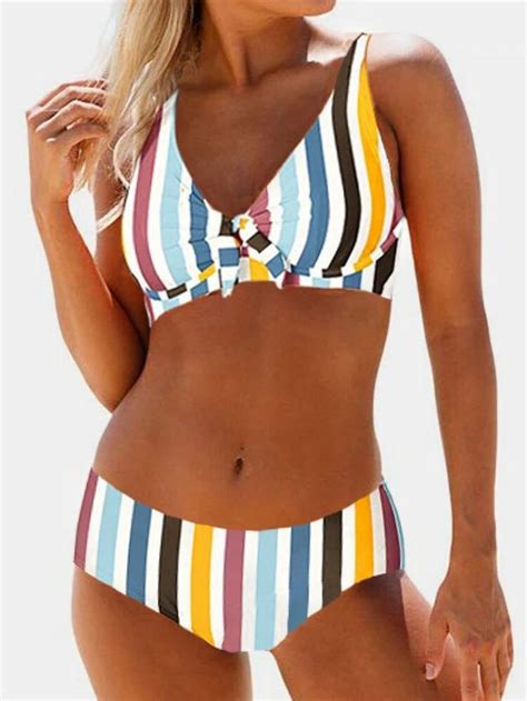 plus size bikinis multi color striped tie front women swimsuits