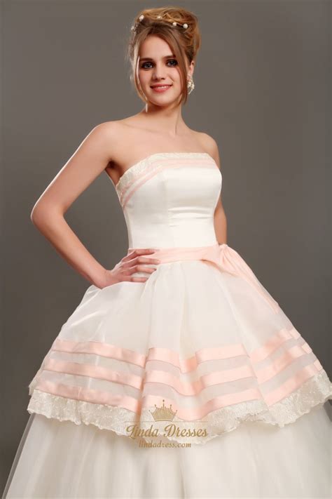Ivory And Pink Strapless Ball Gown Tulle Wedding Dress