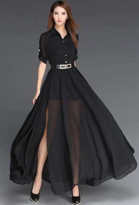 woman dress chiffon  black  white long dress korea style fashion robe femme side slit