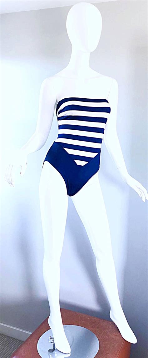 bill blass navy blue and white striped cut out one piece swimsuit