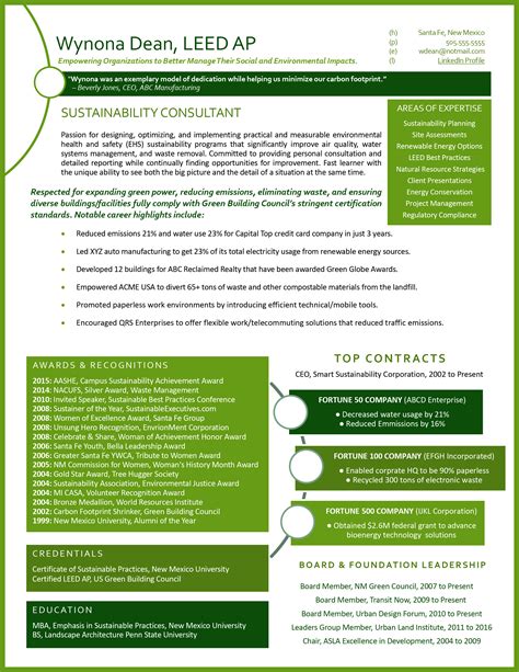 1 page networking example for a sustainability consultant with images resume sustainability
