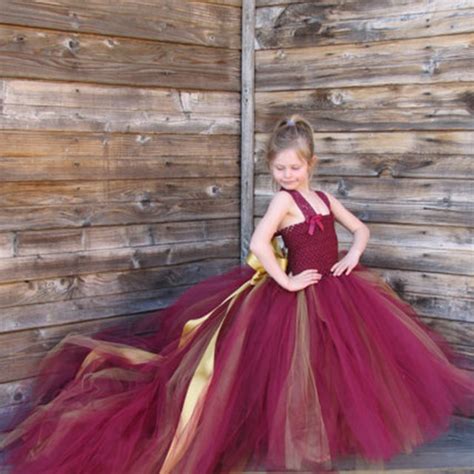 burgundy flower girl dresses with train tulle princess lace strap girl