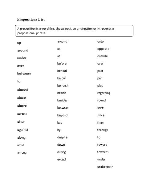 images   grade preposition worksheet preposition list