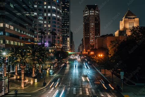 night cityscape view   street  downtown los angeles california