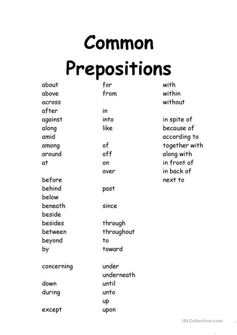 common prepositions worksheet  esl printable worksheets
