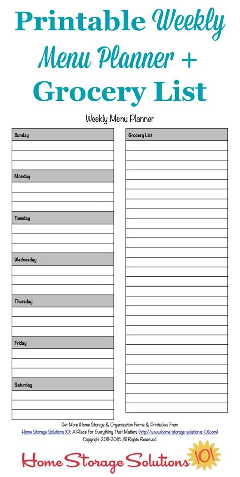 printable weekly menu planner template  grocery list