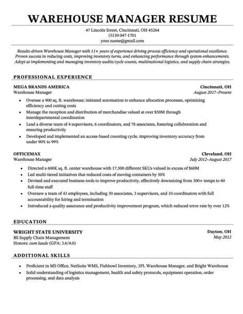 warehouse manager resume  template