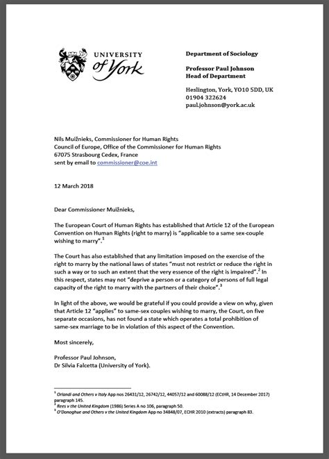 letter to the commissioner for human rights about same sex couples and