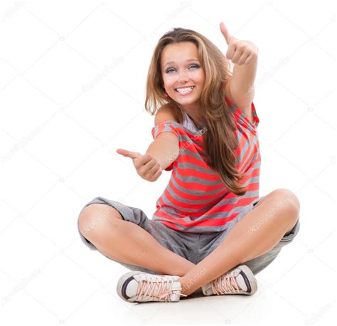 Happy Teen Girl Showing Thumbs Up Isolated One White ⬇