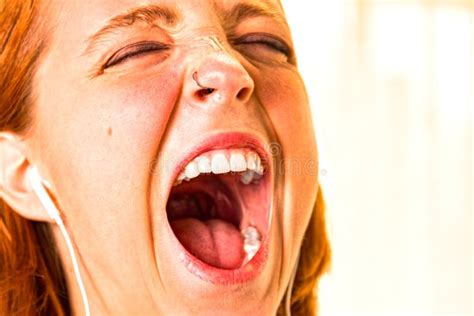 Redhead Girl With Mouth Wide Open Stock Image Image Of Listening
