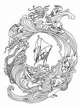 Mermaid Tattoo Ship Pirate Coloring Ocean Pages Drawing Tattoos Life Drawings Adult Line Sea Waves Adults Colouring Hard Flash Tatuajes sketch template