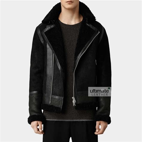 mens fur leather jacket black cowhide leather jacket
