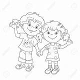 Holding Hands Kids Outline Drawing Coloring Playing Cartoon Step Getdrawings sketch template