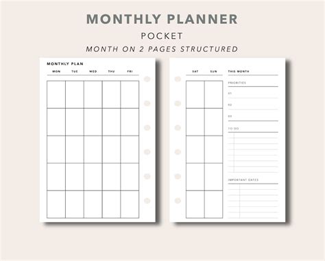 pocket monthly planner printable  undated calendar month etsy