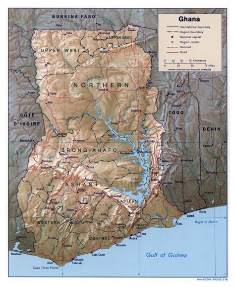 large detailed political  administrative map  ghana  relief roads railroads  major
