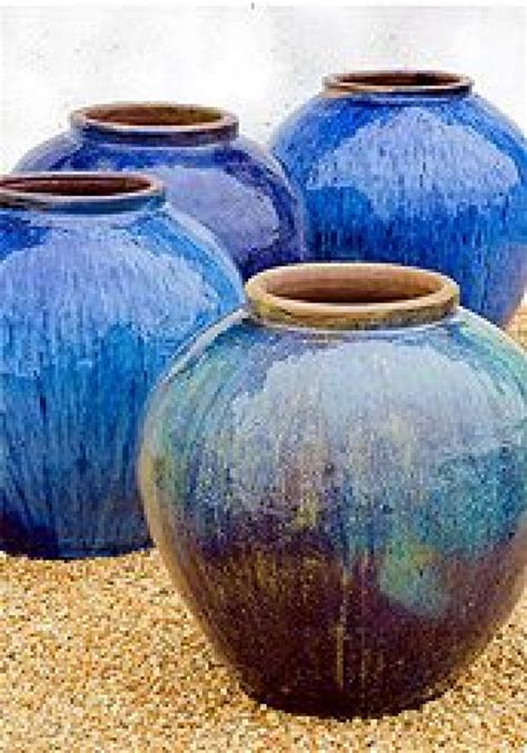 Large Blue Pots In Landscape Ceramic Glazed Pottery Rustic Glazed Jar