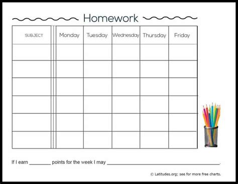 printable intermediate weekly homework chart homework chart