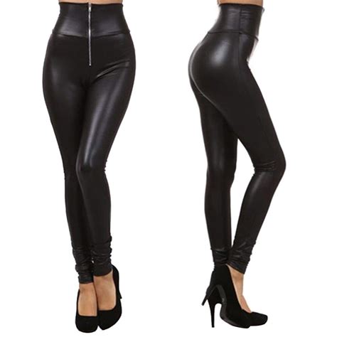 fashion sexy women high waist black stretchy faux leather pants