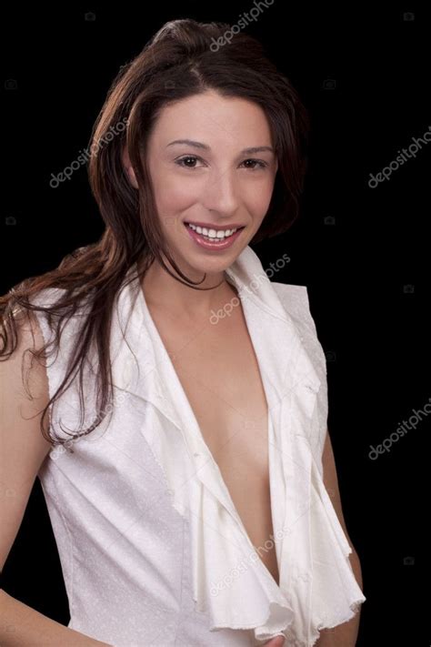 smiling caucasian woman white blouse open front stock photo  jeffwqc