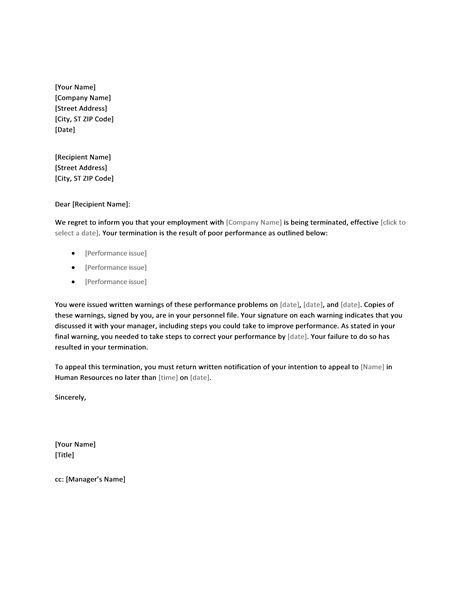 employee termination letter due  poor performance office templates