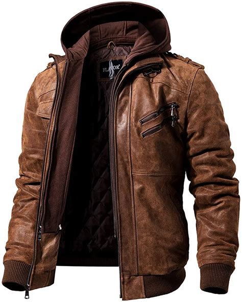 flavor men brown leather motorcycle jacket  removable hood
