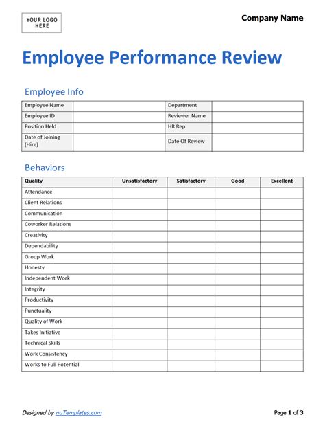 employee performance review template nutemplates