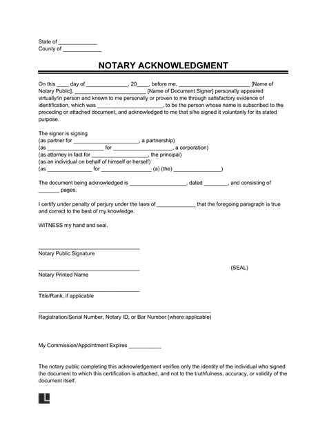 notary acknowledgment form  word