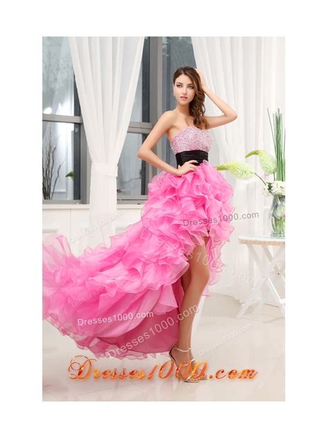 hot pink strapless belt beading ruffles high low organza prom dress for