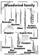 Woodwind Instruments Instrument Coloring Family Pages Puzzles Line Saxophone Music Names Activities Tenor Musical Orchestra Sheet Clarinet Families Kids Contains sketch template