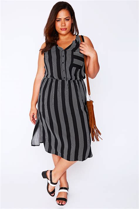 black and white pin stripe sleeveless shirt dress plus size