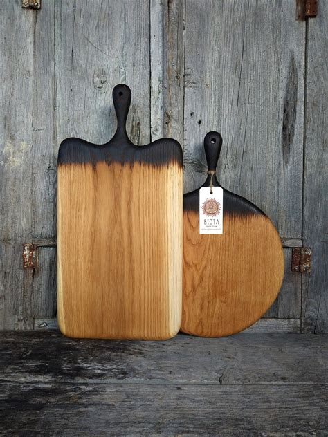 large solid oak cutting boards  black handle wood cheese etsy