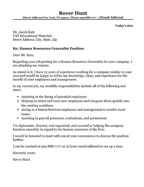 human resource generalist cover letter database letter